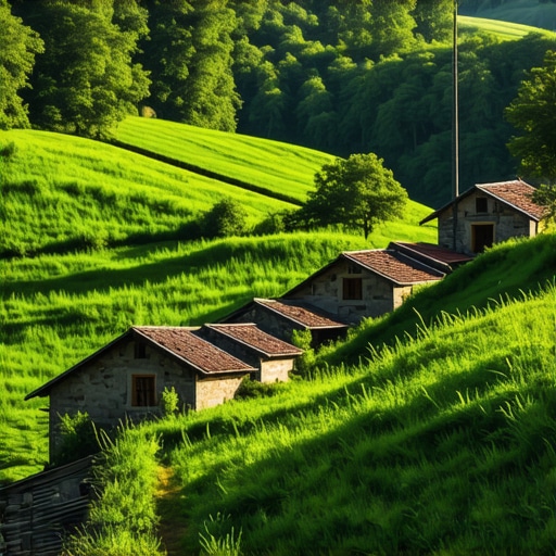 Scenic view of a traditional Bosnian village with rustic houses and greenery