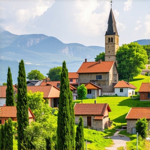 Beautiful landscape of Galičnik with traditional houses and mountain backdrop during sunset