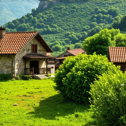 Expert-level photorealistic scene of a traditional Macedonian village with lush landscape and rustic houses