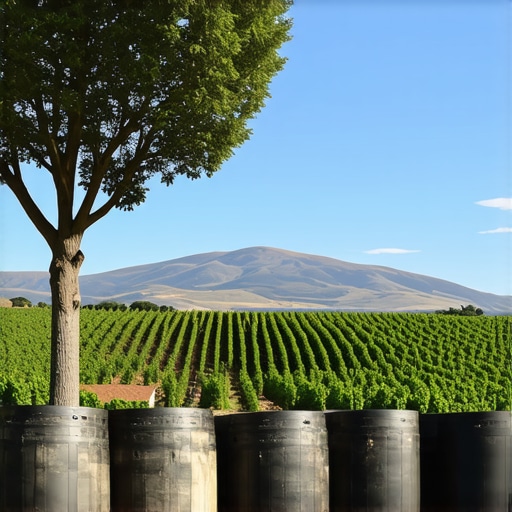 Vineyard scene with old wine barrels and modern equipment in North Macedonia