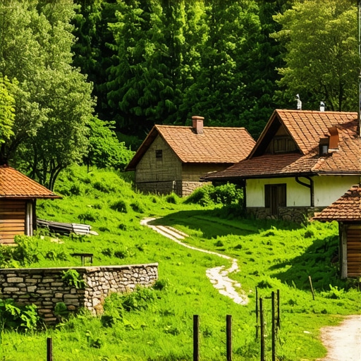 Serbian rural landscape with traditional houses and greenery