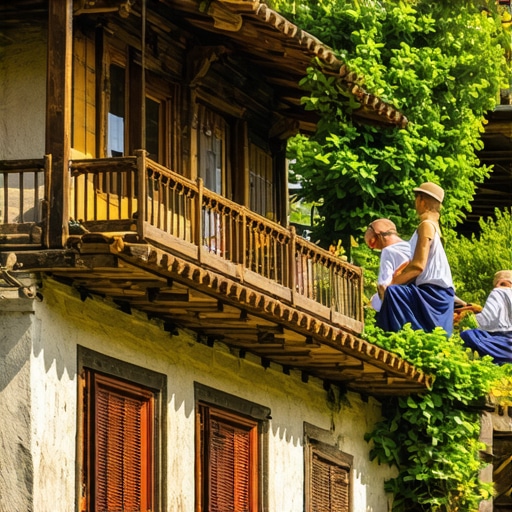 Serbian village with local artisans, lush landscape, eco-friendly activities, vibrant colors