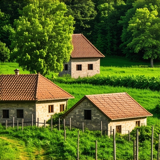 Traditional Serbian Village Landscape Serbian village with traditional houses and green fields