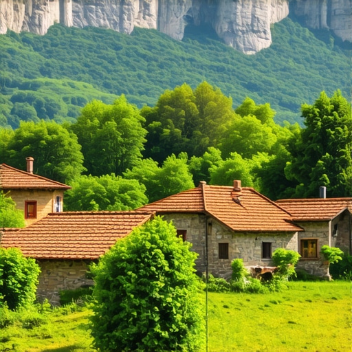 Serbian village with rustic houses and mountain background