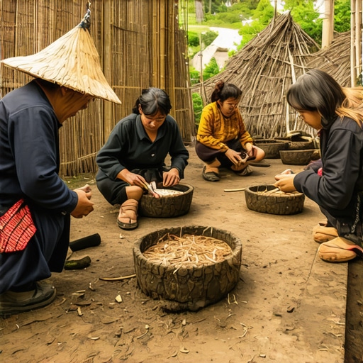 Group of people learning traditional crafts outdoors in a rustic village setting.