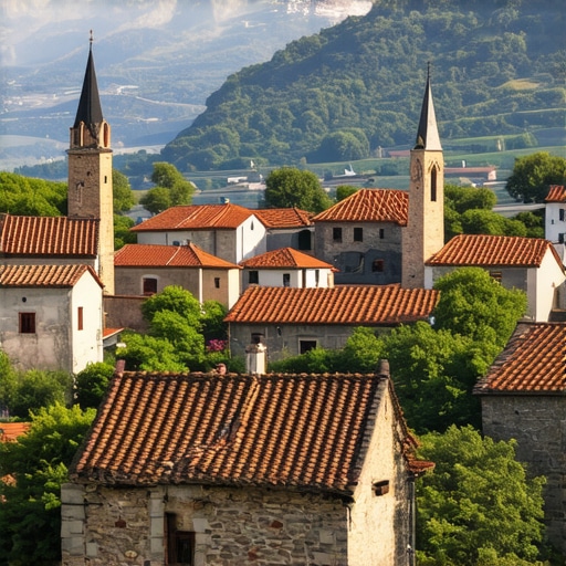Tradicionalno etno selo na Balkanu sa rustikalnim kućama i prirodnom okolinom.