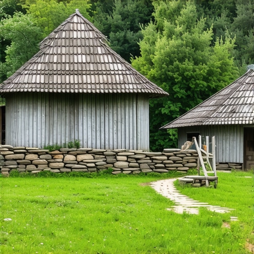 Traditional Balkan village with wooden houses and lush landscape