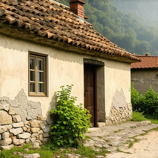 Traditional Balkan village with locals and rustic houses