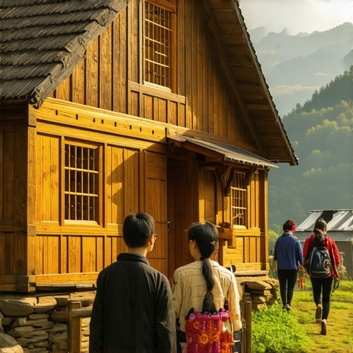 Authentic Rural Tourism Scene Traditional wooden house in rural setting with tourists exploring, showcasing authentic rural tourism experience.