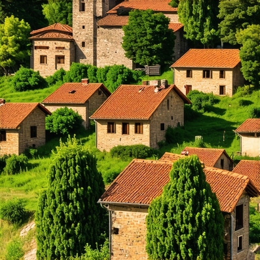 Serbian village with organic gardens, rustic houses, and scenic landscape