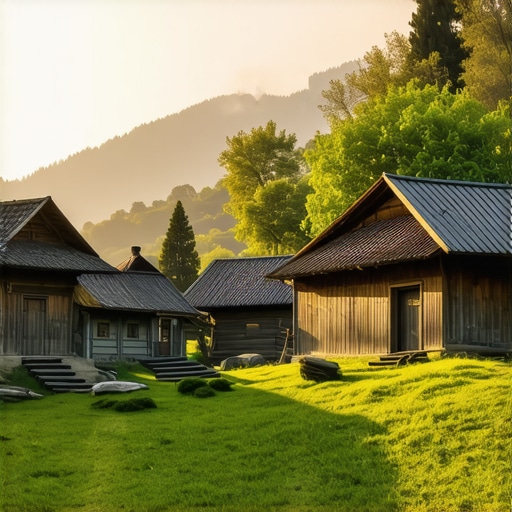 Bosnian Rural Landscape with Wooden Cottages Scenic view of Bosnian countryside with traditional wooden houses and lush greenery.
