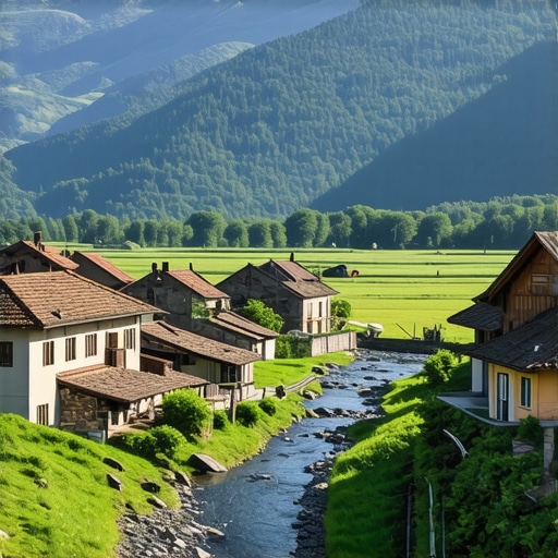 Traditional Bosnian village with mountains and river