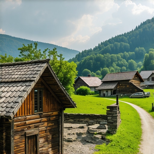 Scenic view of traditional wooden houses in Bosnian village