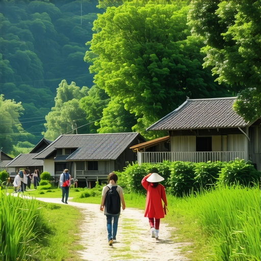 Budućnost ruralnog turizma Turisti u selu sa tradicionalnim kućama i prirodom