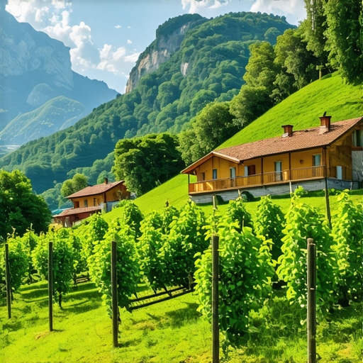 Eco-friendly Resort and Nature on Vlašić A scenic view of Vlašić mountain with sustainable resorts, orchards, and spa centers.