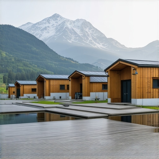 Future of Bosnian Rural Tourism A scenic mountain landscape with eco-lodges and digital tourism elements, representing the future of rural tourism in Bosnia