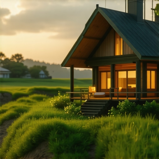 Futuristic rural tourism scene with green tech and traditional elements at dawn