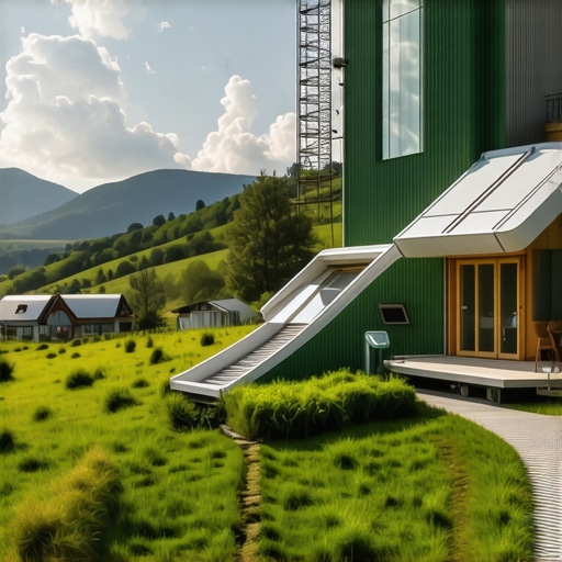 Future of Sustainable Rural Tourism Futuristic eco-friendly infrastructure in rural landscape representing innovations in sustainable tourism.