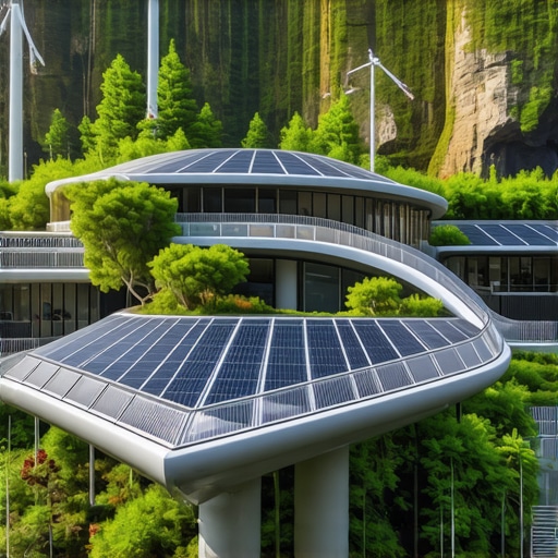 Future of Sustainable Tourism Futuristic eco resort with green tech in natural landscape