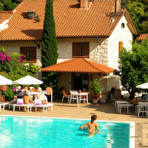 Herceg Etno Selo Panorama Panoramic view of Herceg Etno Selo with pools, traditional houses, and families enjoying activities