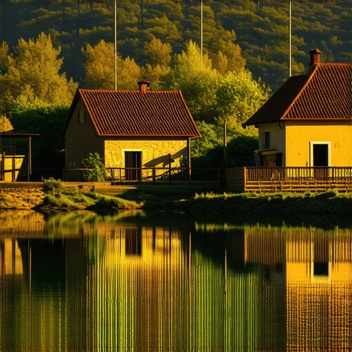 Herceg Etno Selo - Traditional Charm in Hercegovina Scenic view of Herceg Etno Selo with traditional houses and lush surroundings at sunrise