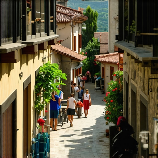 Traditional Herzegovina village with modern touches and tourists participating in local activities