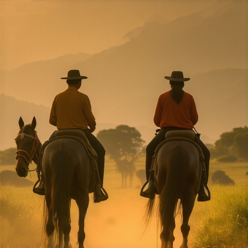 Serene scene of horseback riding in Tiganjica with lush greenery and traditional attire
