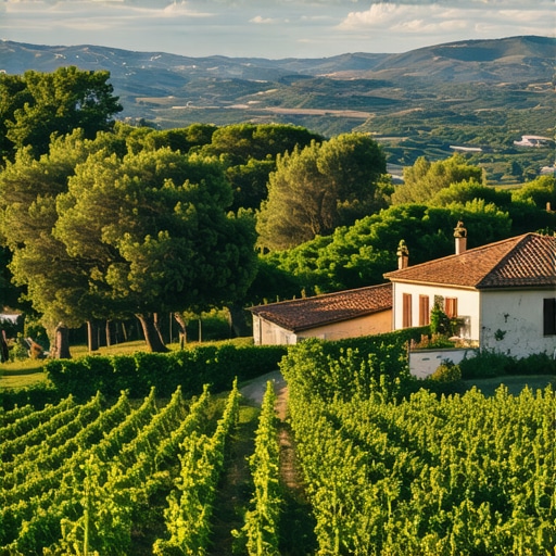 Beautiful landscape of Istrian countryside with vineyards, olive trees, traditional houses, and the Adriatic Sea in the background.