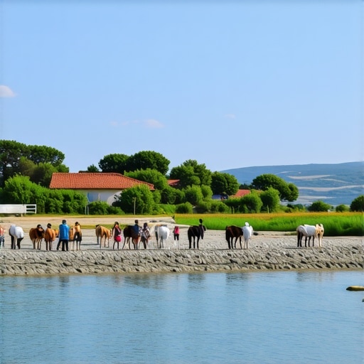 Krk traditional farms and tourism View of Krk island farms with tourists and local activities