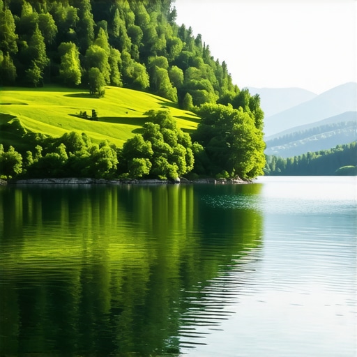 Beautiful lake in Dolina Sreće surrounded by lush greenery and clear sky