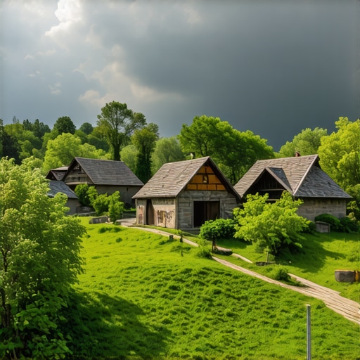 Bosnian rural scene with traditional houses, solar panels, and lush nature