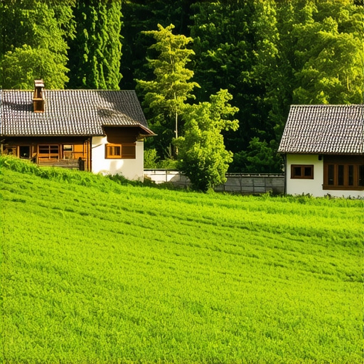 Beautiful view of an organic farm in Soča valley surrounded by mountains and greenery