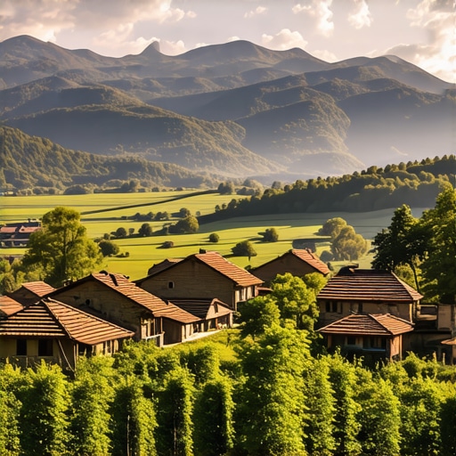 Panoramic view of Ethno village Čardaci Vitez with mountains and traditional houses