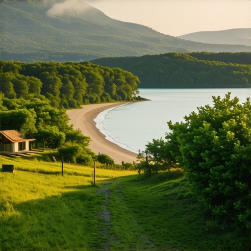 Panoramic view of Sunčana reka destination Beautiful landscape of Sunčana reka with river, beach, and greenery