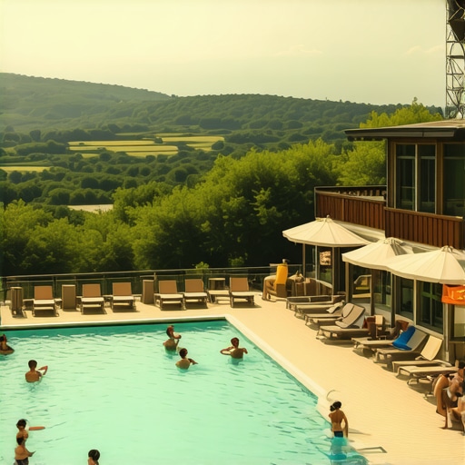 Rizort natural landscape and outdoor pool Beautiful scenic view of Rizort with pool and lush greenery.