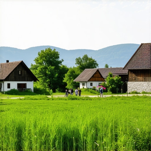 Tourists visiting a traditional Slovenian farm surrounded by nature.