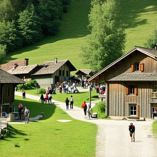 Rural Village in Durmitor Region Traditional village in Durmitor with visitors and lush landscape.