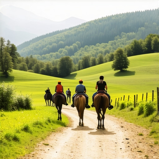 Rural outdoor activities in nature Tourists horseback riding and hiking in a scenic rural landscape.