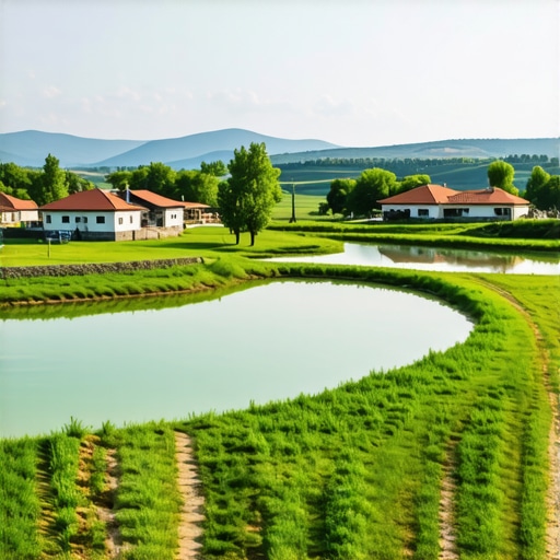 Rural tourism landscape near Kumanovo Beautiful rural landscape with pools, traditional houses, and cycling trails near Kumanovo