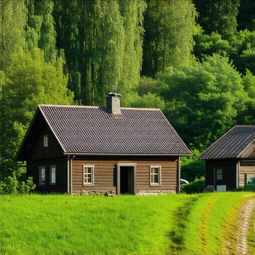 Serbian Ethno Village Landscape Scenic view of traditional Serbian village with wooden houses and greenery