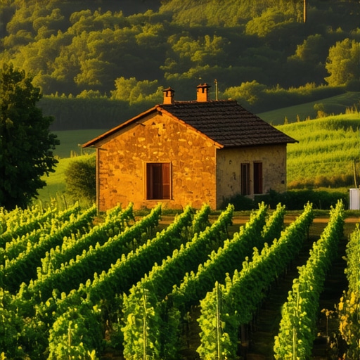 Serbian farm with vineyards during sunset