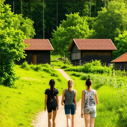 Serbian Village in Natural Setting Traditional Serbian village with tourists in natural environment