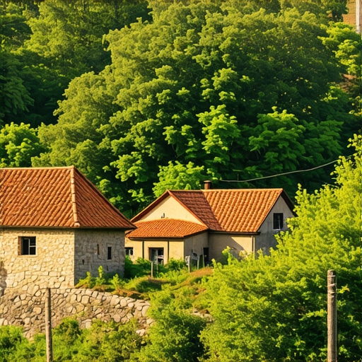 Traditional Serbian houses in a lush green rural landscape