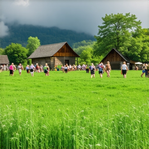 Tourists enjoying traditional Slovenian rural landscape