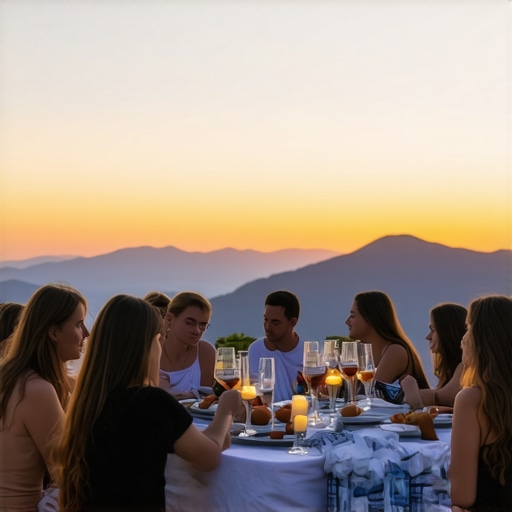 Sunset over Macedonian mountains with tourists enjoying dinner