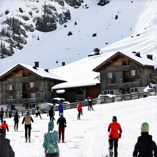 Tradicionalno planinsko selo zimi Planinsko selo sa skijašima i toplim kolibama u snegu