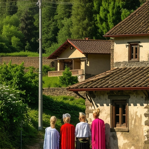 Traditional Balkan Village Scene A scenic view of a Balkan village with local family and natural surroundings