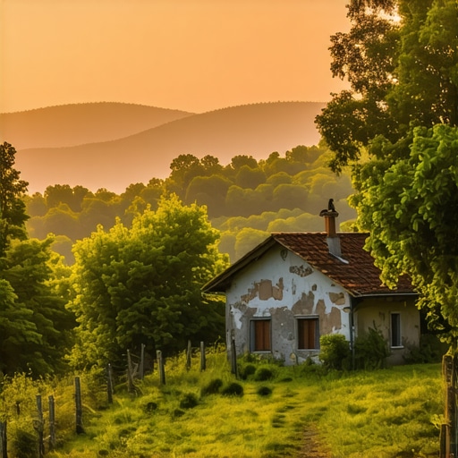 Beautiful landscape of Bosnian village with traditional houses and lush greenery during sunset