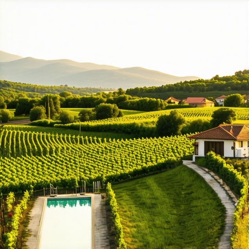 Traditional Macedonian Village with Modern Amenities Macedonian village with vineyards, swimming pool, and cycling trails in scenic landscape