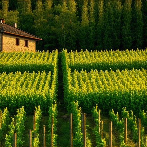 Traditional Macedonian Vineyard Scene Scenic view of Macedonian vineyard with family winery and rustic buildings.
